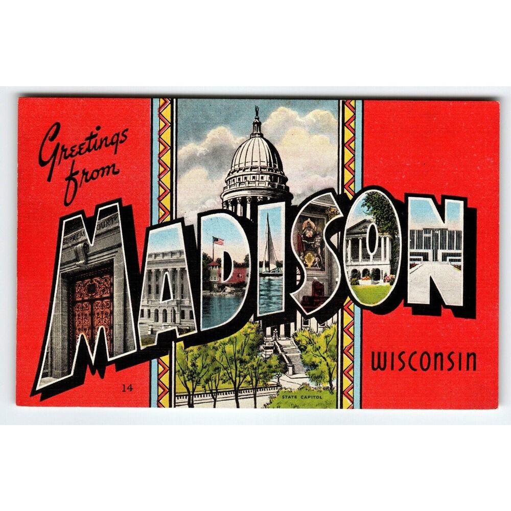 Greetings From Madison Wisconsin Large Big Letter Postcard EC Kropp Vintage